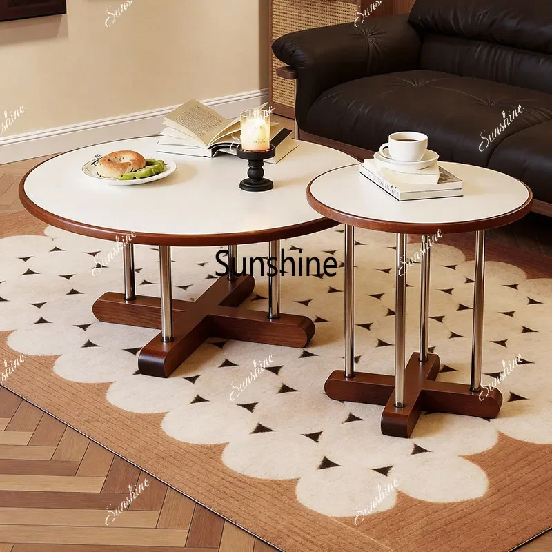 

French antique style, creative solid wood coffee table, living room household small apartment, round coffee sizeP