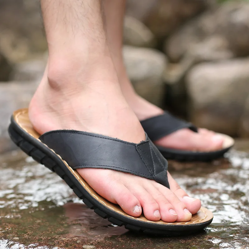 Summer Shoes Men Slippers Genuine Leather Mens Flip Flops Flat Mens Sandals Holiday Non-slip Black Khaki