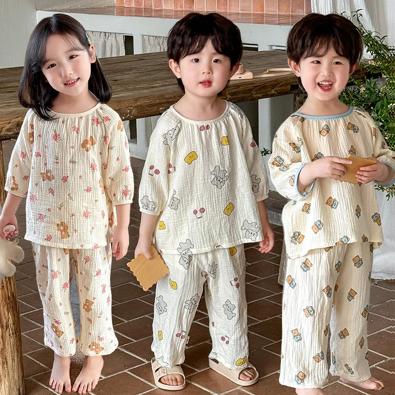 Korean Kids Pajamas Set Long Sleeved Cotton Printed Cardigan+Pants Children Pajama Suit Baby Girls Boys Home Wear