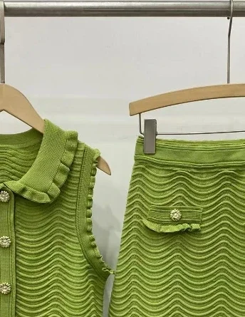 Green Women Wave Pattern Knit Set Ruffle Edge Sleeveless Peter Pan Collar Sweater or A-Line Elastic Waist Skirt Lady Suit