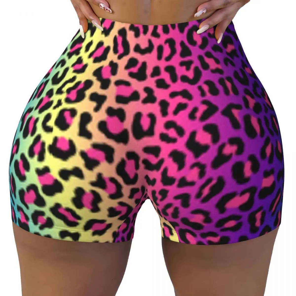 Custom Women's Rainbow Leopard Tiger Cheetah Print Pattern Workout Yoga Shorts Gym Athletic Running Volleyball Shorts