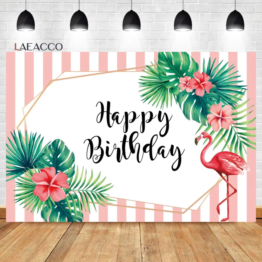 

Laeacco Flamingo Happy Birthday Backdrop Summer Tropical Palm Leaves Kids Baby Shower Portrait Customized Photography Background