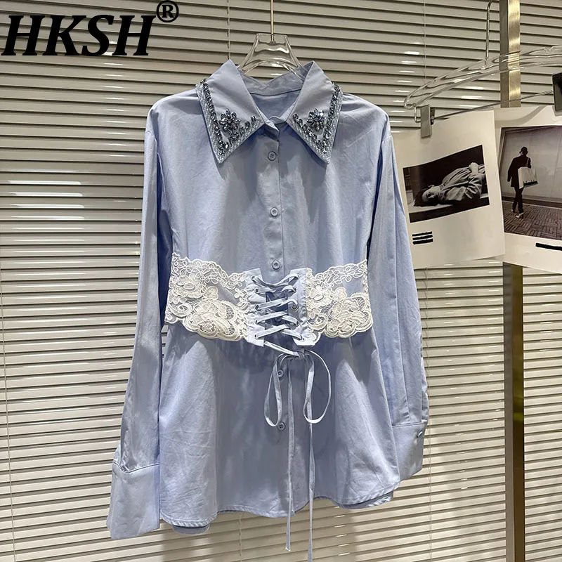 

Новая женская блузка HKSH 2026 весна, с кружевными вставками, поясом, отложным воротником, стразами, в стиле французской легкой роскоши, топ HK18790