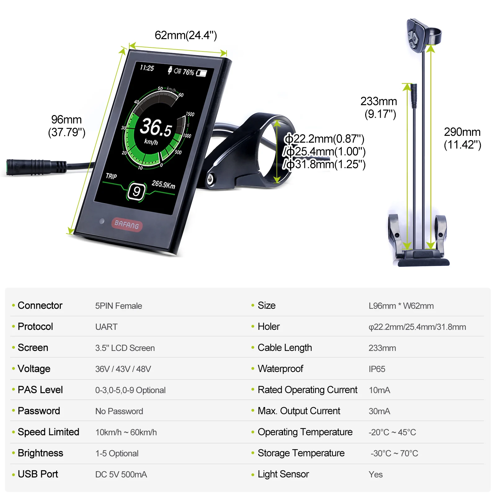 BAFANG DPC18 eBike Display for BBS01B BBS02B BBSHD Mid Motor UART Protocol 9PAS eBike Computer Electric Bike Display 5PIN Female