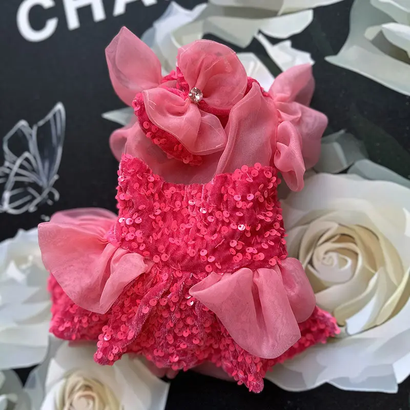 

Luxury Sequin Lace Rose red Princess Dress For Small Medium Dog Pet Clothes New Luxury Handmade Lace Skirt Puppy Clothing Poodle