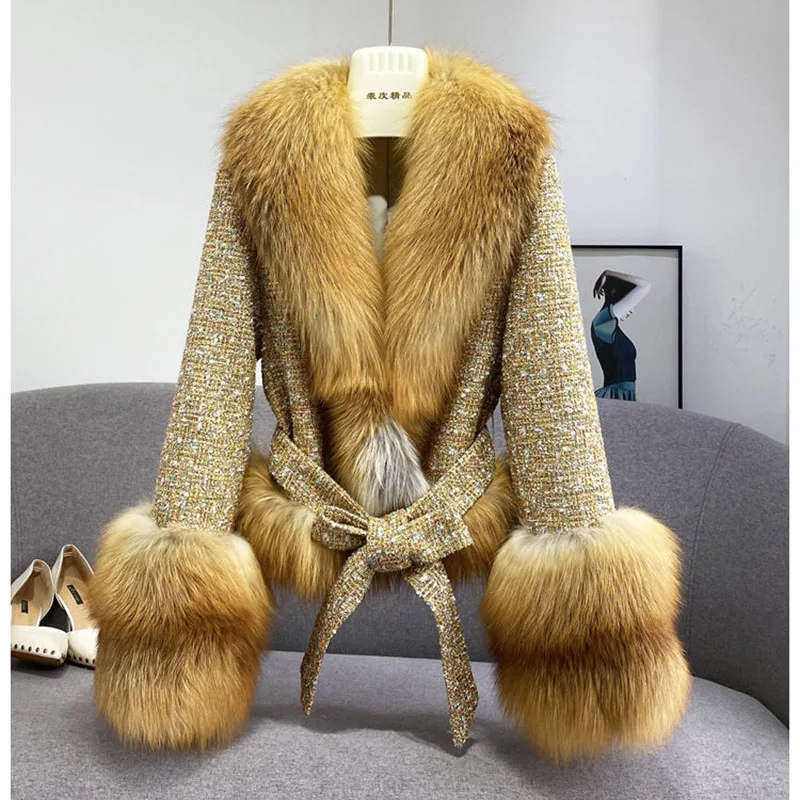 

Female Winter ThickCotton Thin Short Woolen Jacket 2024 Women New Slim Imported Whole Skin Red Fox Fur Collar Imitation Fur Coat