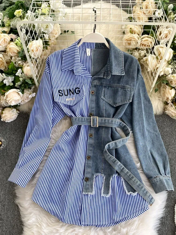 Spring Autumn Women\'s Denim Shirt Color Contrast Patchwork Lace Up Blouse Shows Thin Versatile Top Fashion GD596