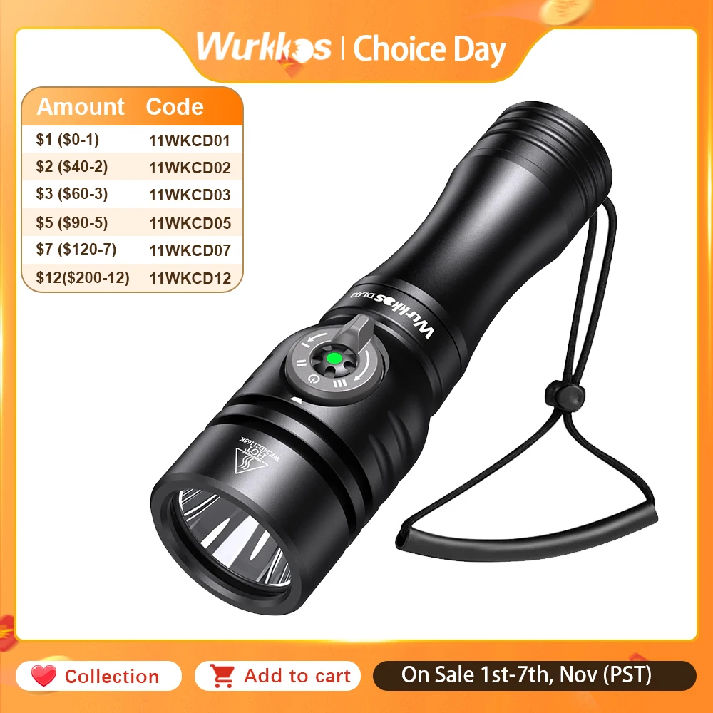 

Wurkkos DL02 Professional Diving Flashlight 3000LM Work Light 21700 Battery Lamp Underwater Lantern with Rotary Magnetic Switch