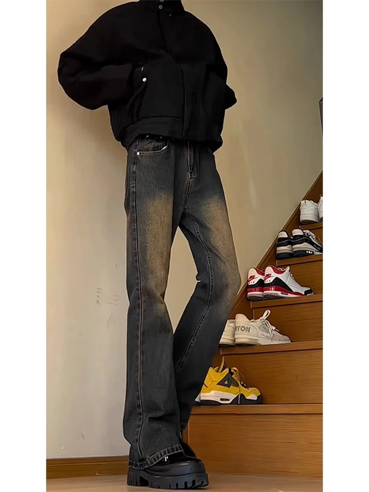 الرجال عالية الخصر Thiened Fce اصطف سليم صالح الجينز الشتاء خمر الأمريكية فيبي بنطال ذو قصة أرجل واسعة سكين بليد تصميم