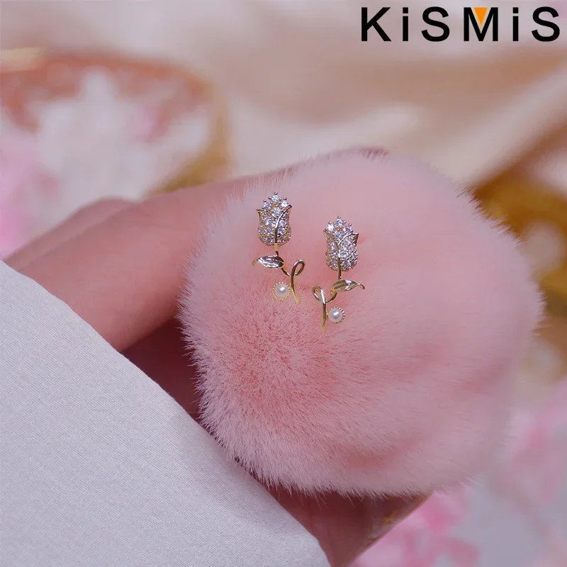 KISMIS 1Pairs Gold Rose Flower Women's Rhinestones Earrings Shiny Zircon Bohemian  Cute Flower Ear Jewelry Stud Earrings