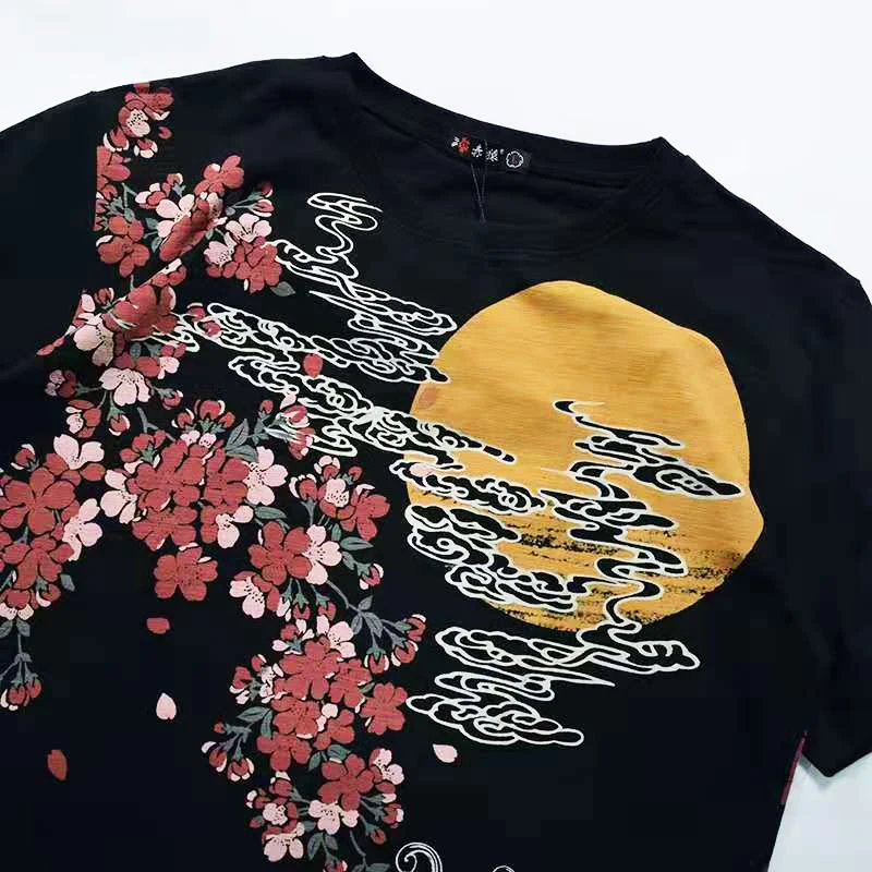 Lyprerazy Japanese Harajuku Ukiyoe Vintage Embroidered T-shirt Men Short-sleeved Chinese Style Carp Fish Embroidery T Shirt