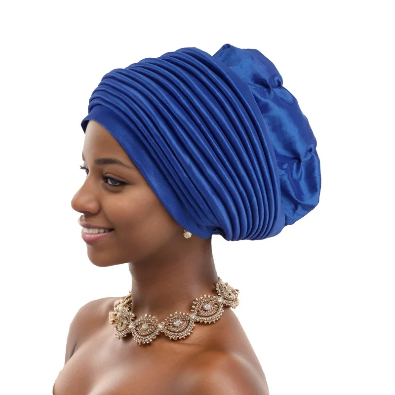 

Nigeria African Pleated Auto Gele Headtie Cap for Women 2024 Lady Head Wraps Muslim Headscarf Aso Oke Turbante Mujer Wedding New