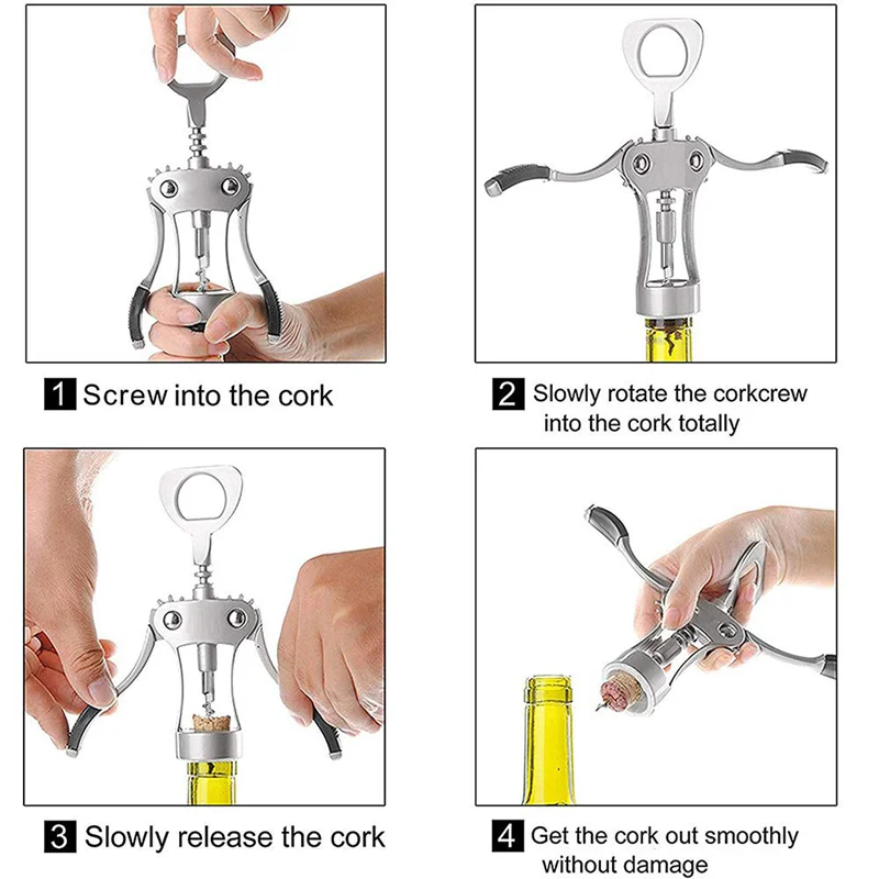 A59E-Silver Wing Corkscrew Cork Remover Premium فتاحة زجاجات النبيذ الأحمر والبيرة، ملحقات زجاجة النبيذ القابلة لإعادة الاستخدام