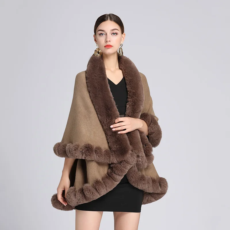 Autumn and Winter New Imitation Otter Rabbit Fur Collar Shawl Cape Women's Plus Size Knitted Cardigan Loose Jacket Women
