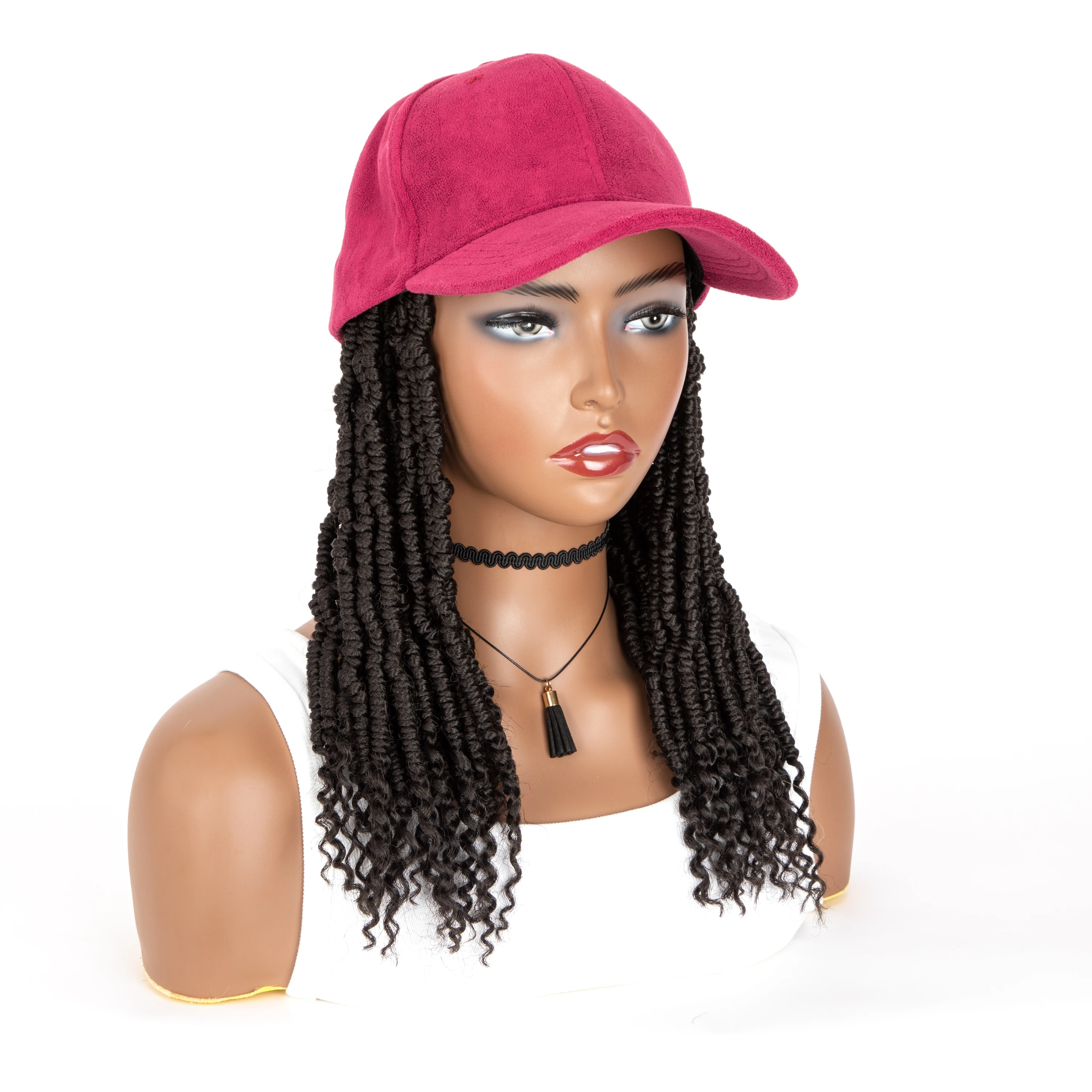 Medium Black Braided Synthetic Wig With Burgundy Baseball Cap Wig Black Blond Spring Box Braids Hair Extensions With Bucket Hat