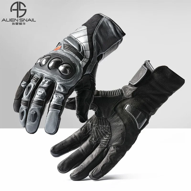 Alien Snail Motorcycle Sheepskin Gloves Full Fingerr Carbon Fiber Shell Anti-fall Touch Screen Knight Gloves AT90