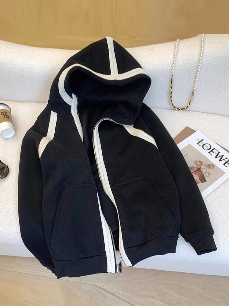 

plus Size Women's Slimming Hooded Jacket Korean Style Autumn Winter New Loose Fit Zipper Closure Casual Outerwear