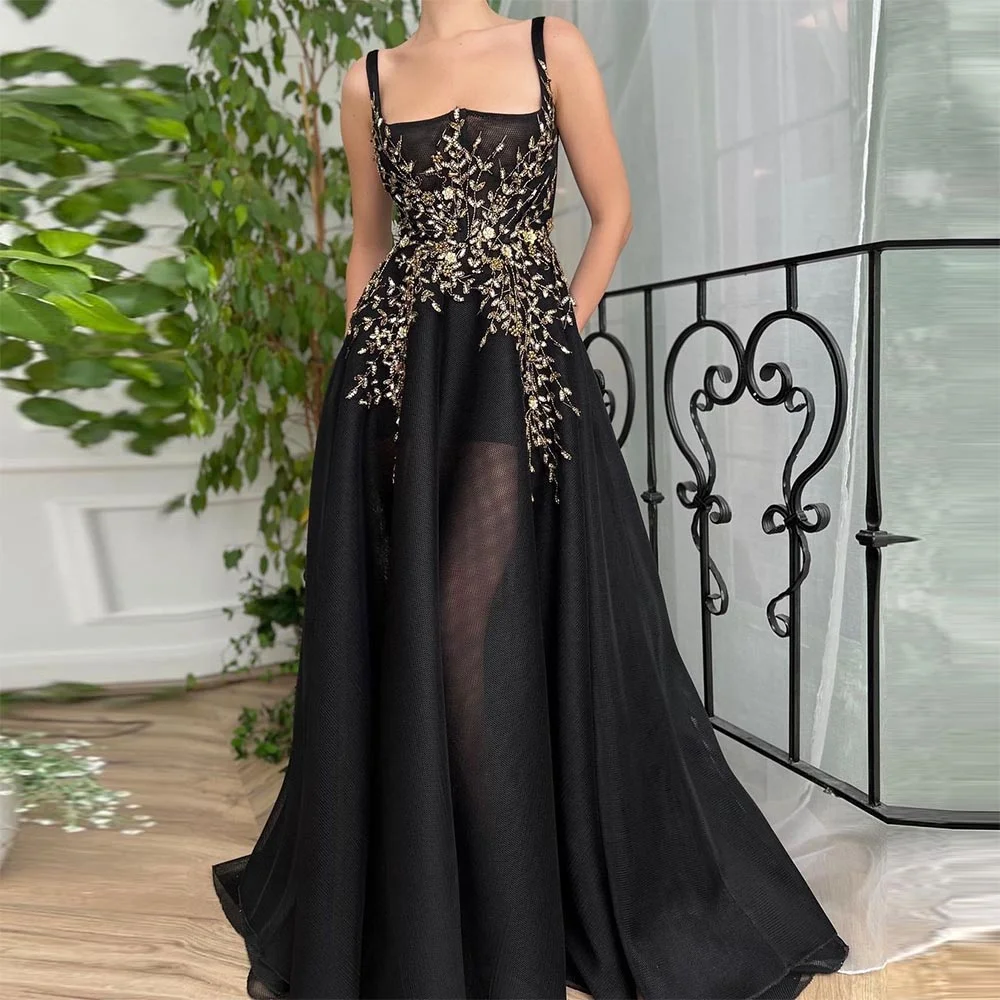 Sevintage Black Tulle Prom Dresses Beading Crystal Sequined Spaghetti Strap A-Line Long Evening Gowns Wedding Party Dress 2022