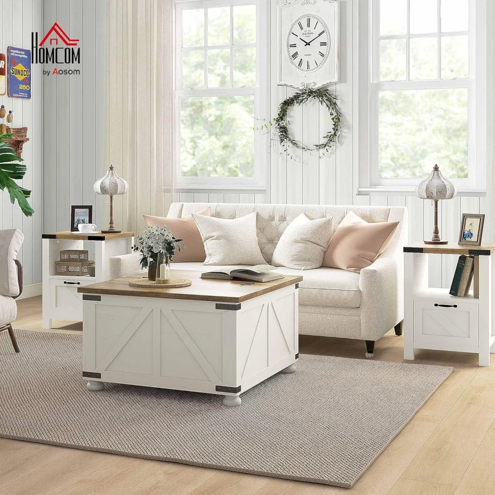 طاولة قهوة HOMCOM Farmhouse، طاولة قهوة مربعة 31.5 مع مساحة تخزين، طاولة مركزية لغرفة المعيشة مع سطح رفع مفصلي و Hid