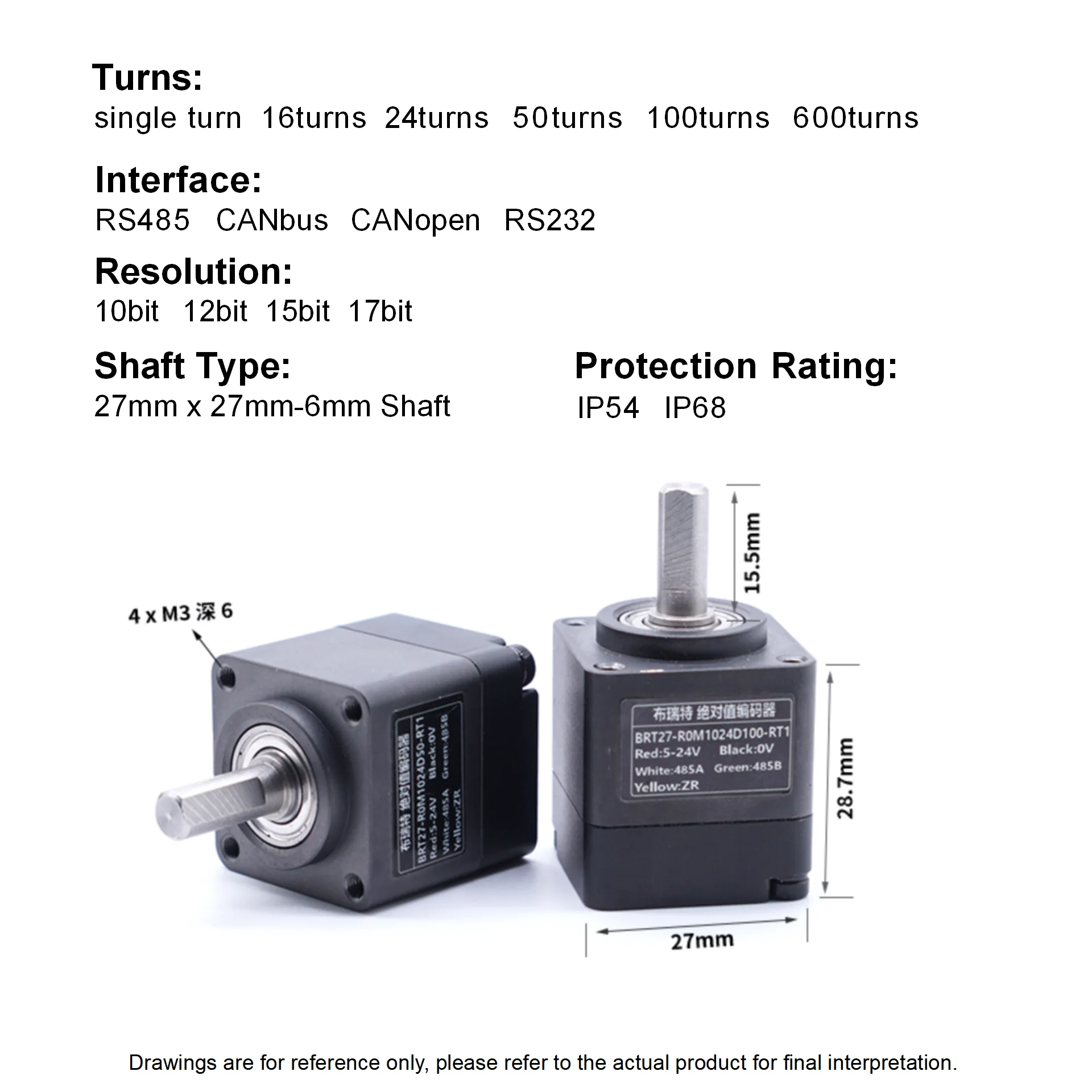 27*27mm-6mm shaft absolute rotary encoder Briter singleturn multiturn angle position Measurement  micro RS485 Modbus RTU