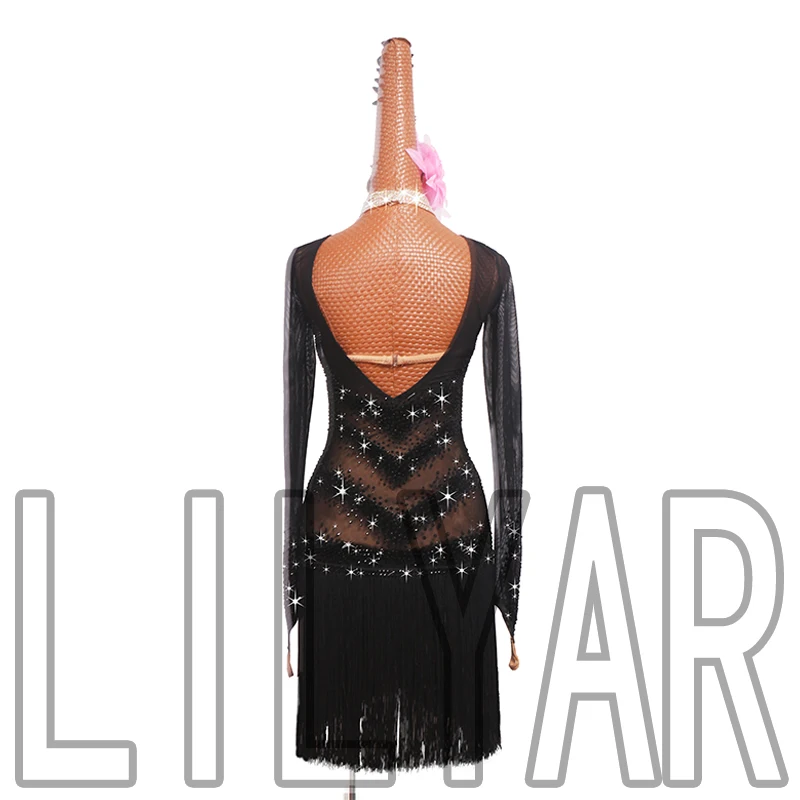 New Latin Dance Competition Performance Art Exam Black Elastic Mesh Flash Diamond Sexy Tassel Long sleeved Dance Dress