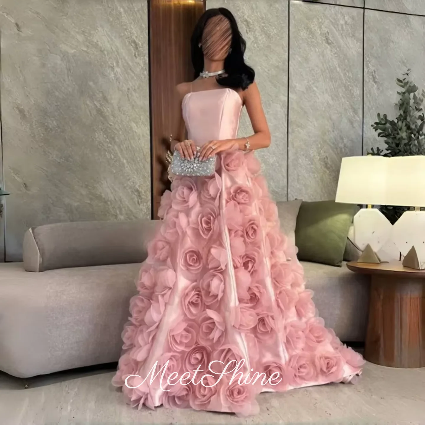 

Pink Flower Applique Prom Dress Stain Strapless Floor Length Evening Dress Customized Sleevesless Formal Occasion Dress 2025
