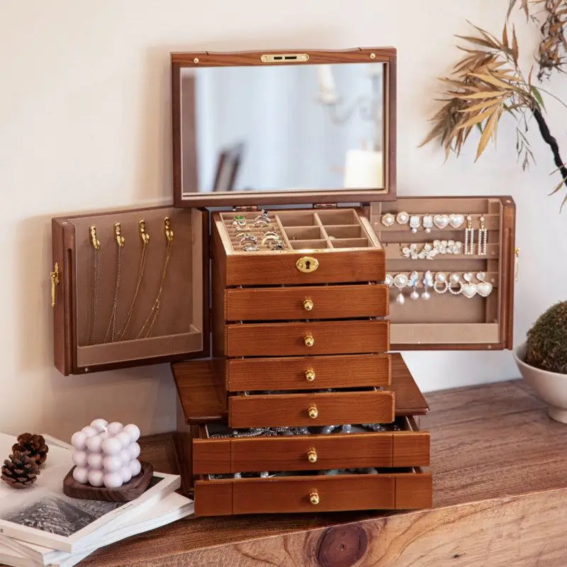 

Элитный деревянный многоярусный шкаф для хранения украшений большой вместимости с замком, винтажный стиль, ручная работа, для спальни