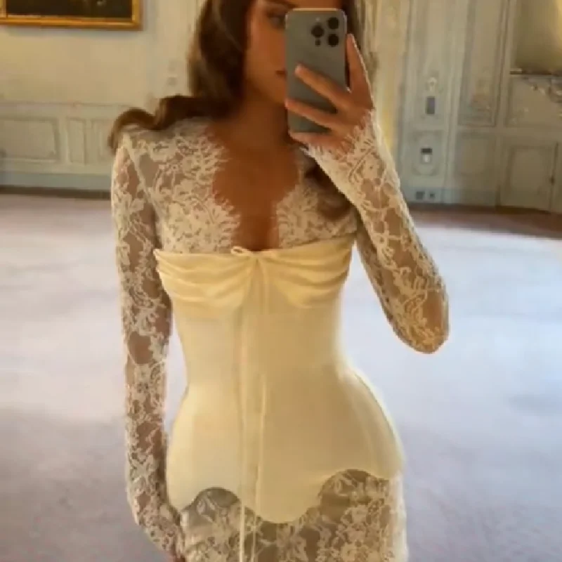 Vestido Mini Romântico de Renda com Corpete, Elegante, Manga Longa, Cetim, Branco, Vestido de Noiva Feminino 2026, Vestidos de Festa de Alta Qualidade
