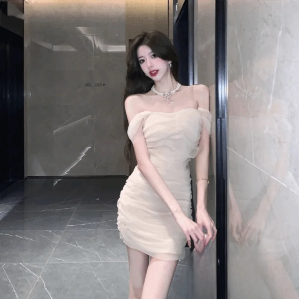 فستان بحزام شبكي مناسب للتخسيس، فستان ضيق على الطراز الفرنسي بكتف واحد، فستان خصر إمبراطوري، تاريخ الليل