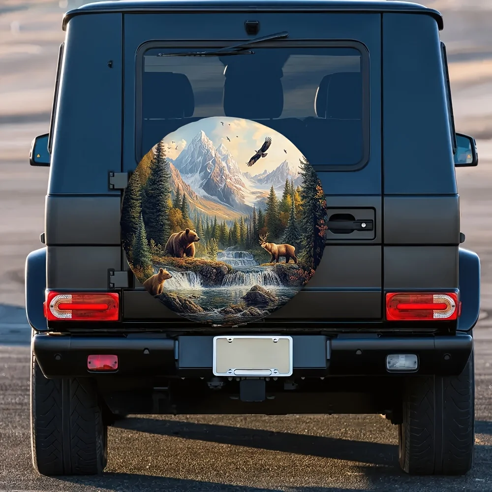 Mountain Wildlife Tire Cover Polyester RV Trailer Spare Wheel Protector Bear Deer Landscape