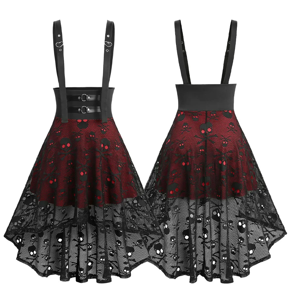 

ROSEGAL Women's Gothic Skirts New Trend Punk Skull Fishnet Overlay High Low Asymmetric Suspender Skirt