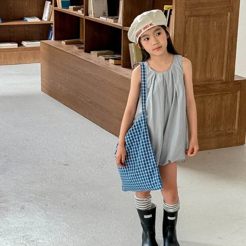 New Summer Children Plaid Lantern Jumpsuits Sleeveless Loose Korean Style Baby Girls Casual Bodysuits - view 5