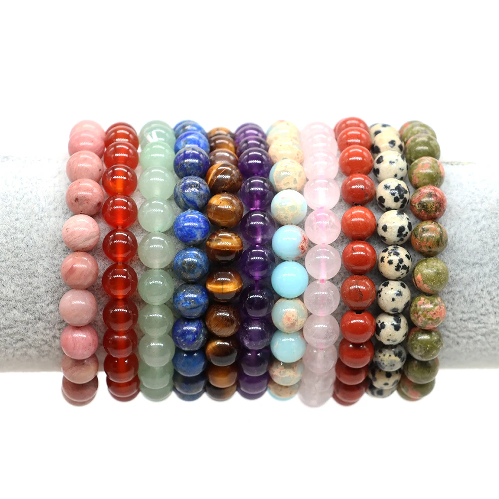 Natural Stone Round Beads Bracelet For Women Men Healing Crystal Amethyst Rose Quartz Aquamarines Jade Elastic Bangle Jewelry