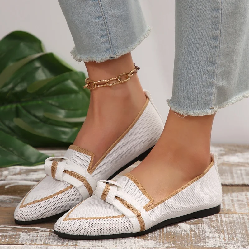 Mocassins leves e confortáveis femininos, gravata borboleta, sapatilhas de balé, bico fino, macio, descalço, malha multicolorida, casual, bailarina