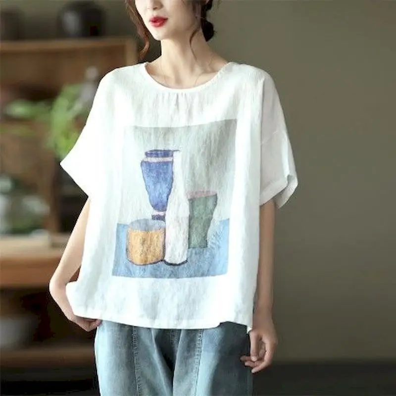القطن الكتان تي شيرت المرأة موضة خمر الفن تي شيرت مطبوع عادية فضفاض كم قصير البلوز القمم 2025 الصيف رقيقة التي شيرت