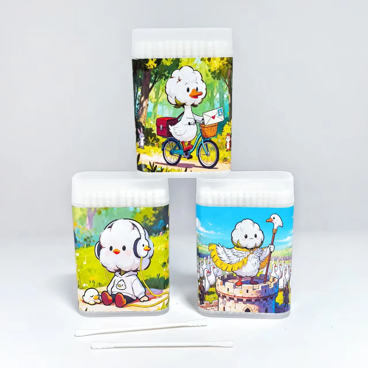 300pcs double-headed design cotton swab sticks with a large white goose theme and round spirals