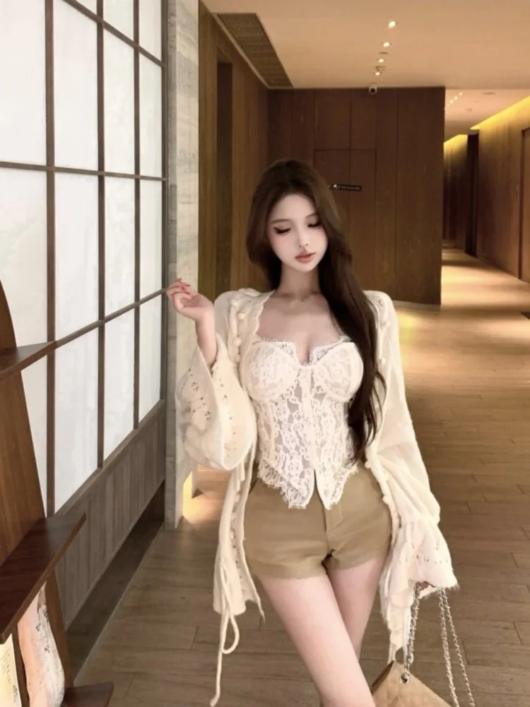 Soft Cozy Mid-Length Knitted Open Cardigan Women's Sexy Lace Camisole Three-Piece Set Autumn Fashion Loose Style Casual Wear