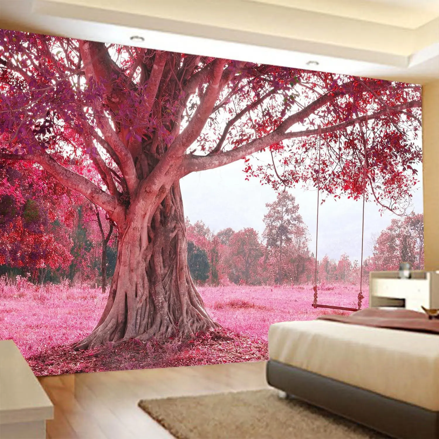 Autumn Pink Flower Window Tapestry – Forest Garden Scenic Wall Art for Living Room, Home Office or Dorm Decor