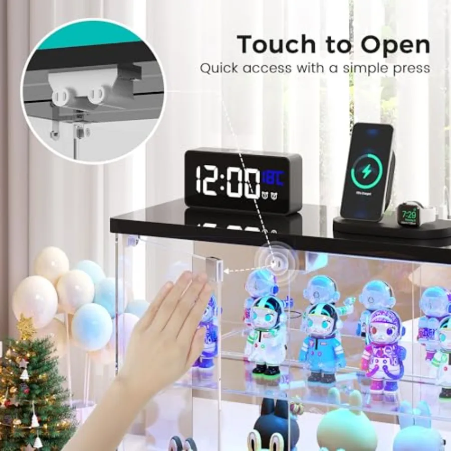 2pc Glass Display Case with LED Lights for Collectible Figures: Clear Tempered Glass, Black Frame, Adjustable Shelves, Soft Glo view 4