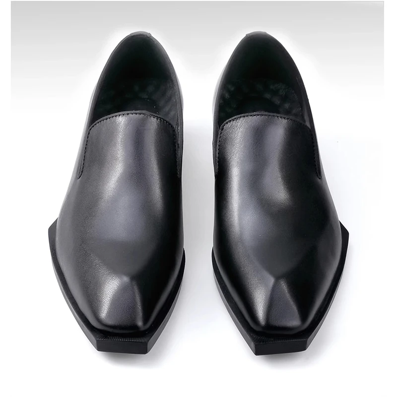Minimalist Black Cow Leather Slip-On Loafers Sharp Square-Toe Low Block-Heel Men Formal Business Dress Shoes