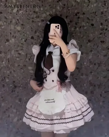 

Новинка лета 2024, милая милая лоскутная рубашка с рюшами для девочек, жилет с застежкой на талии, утягивающая пышная короткая юбка, розовая юбка в стиле Лолиты