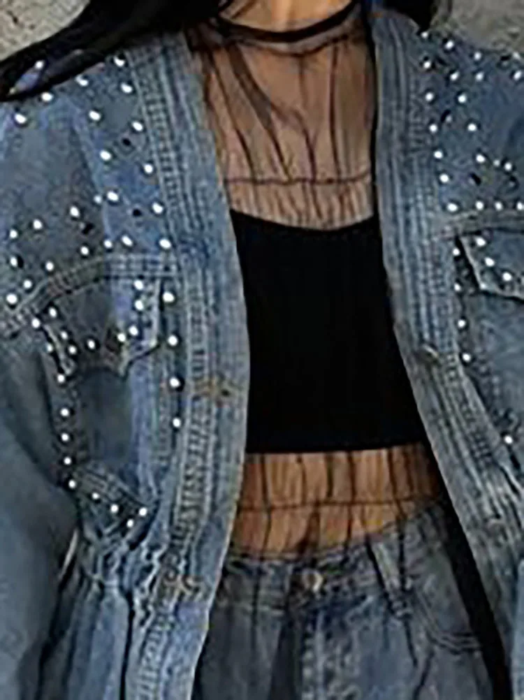 

Vintage Commuter Women's Autumn Outwear Beading Patchwork Button Denim Jacket Fashion V-neck Long Sleeved Waist Cinched Jacket