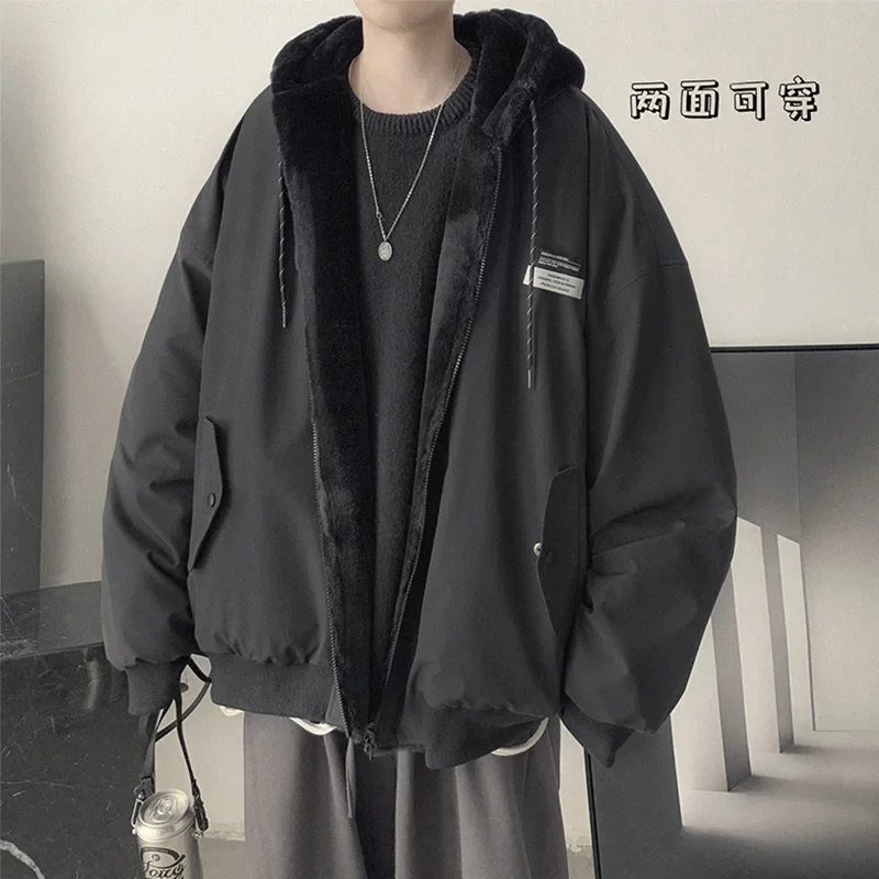 남성용 양면 양털 두꺼운 패딩 재킷, 겨울 단색 캐주얼 플리스, 따뜻한 후드 면 패딩 의류