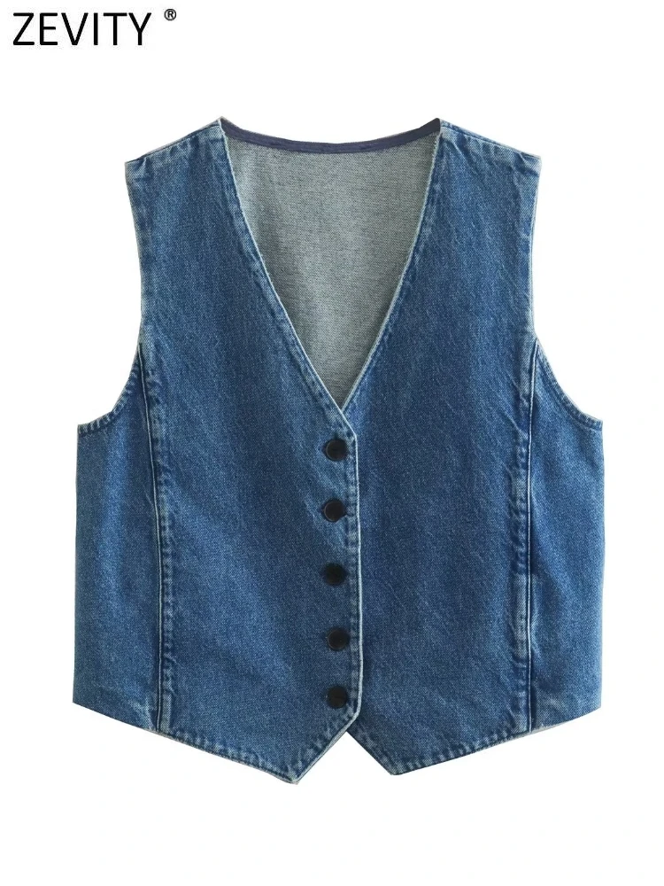 Zevity 2022 Women Fashion V Neck Sleeveless Single Breasted Denim Vest Jacket  Ladies Retro Casual Slim WaistCoat Tops CT2887