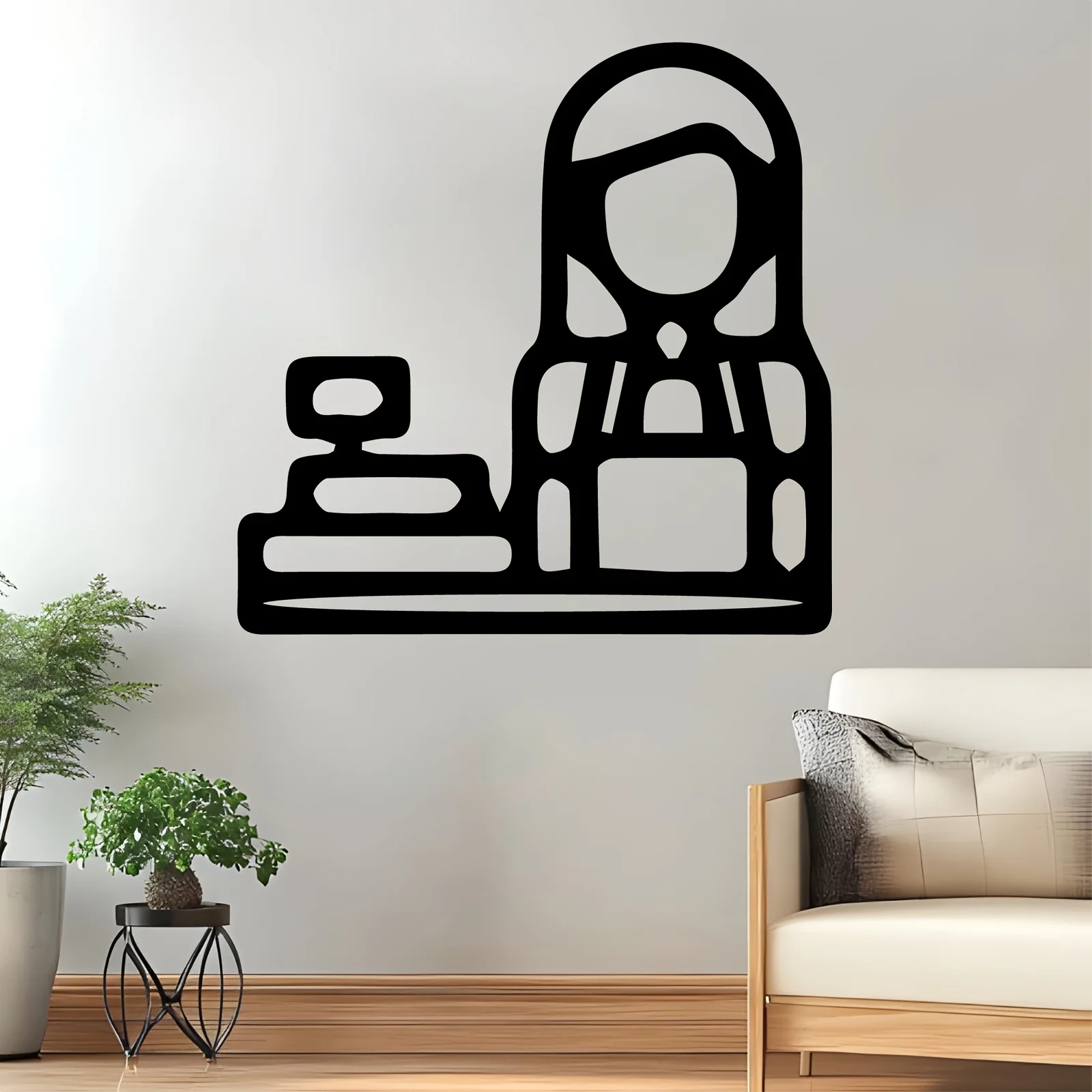 Laser Cut Metal Cashier Woman Silhouette Wall Art, Powder‑Coated Rustproof Iron Mural, Minimalist Line Art Wall Hanging