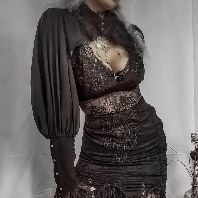 IMU Gothic Lantern Sleeve Smock High Street Sexy Black Winter Long Sleeve Crop Top Aesthetic Fairy  Blusas Mujer De Moda 2022