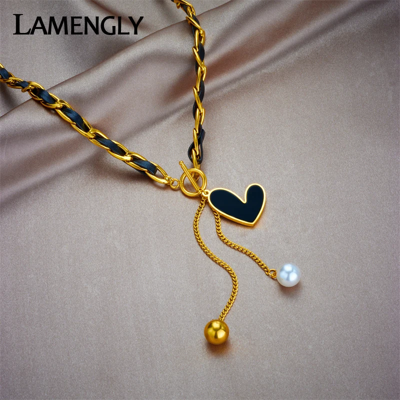 LAMENGLY 316L Stainless Steel Black Heart Pearl Long Pendant Necklace For Women Girl Fashion Choker Leather Chain Jewelry Gift