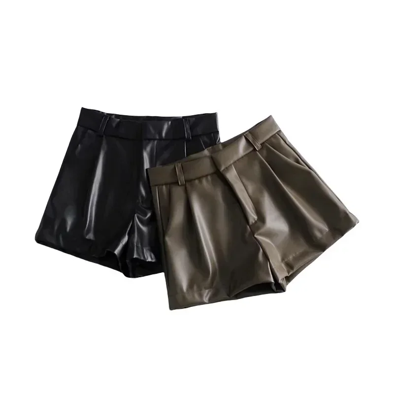 2024 Women Fashion Faux Leather Shorts High Waist Side Pockets Vintage Zipper Fly Female Wide Leg Shorts Streetwear Ropa