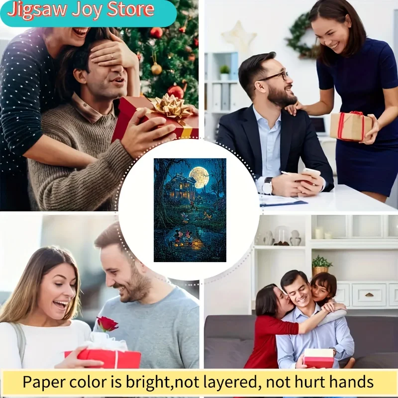 ปริศนา 1,000 ชิ้น ที่มีลวดลายการ์ตูนสัตว์ ธีมฮาโลวีน มิกกี้เมาส์ ดวงจันทร์ และปราสาท ปริศนาแบบแขวนผนังนี้คือ