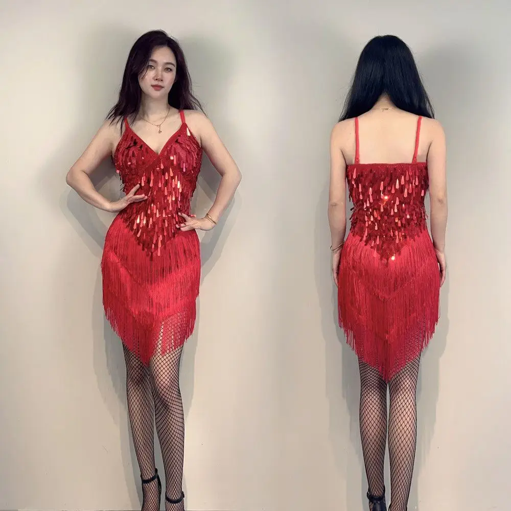 ストラップ付きスパンコールドレス フリンジ付きラテンダンスドレス 細見えイレギュラーパーティーナイトクラブパフォーマンス 大人女子コスチューム ガラ